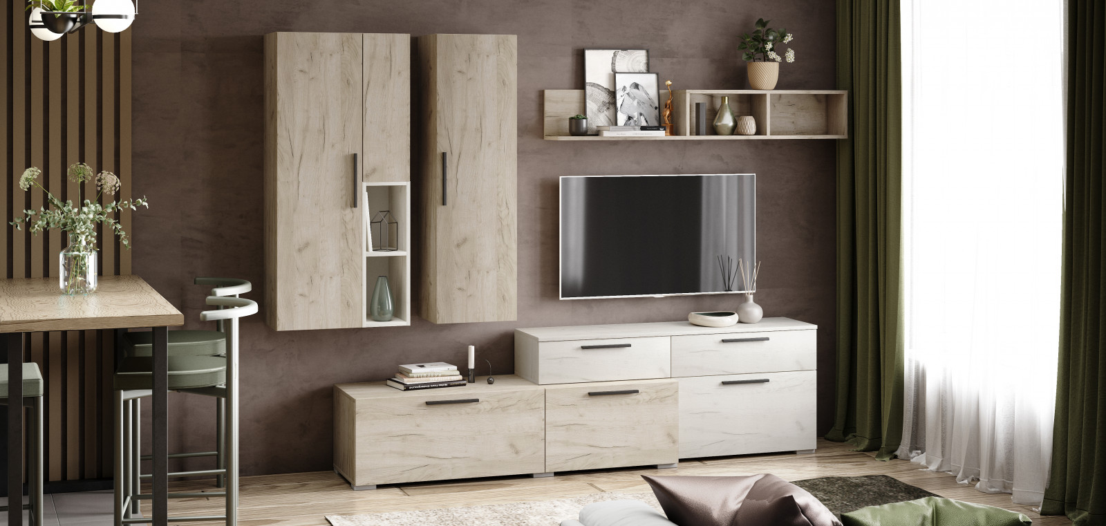 Гостиная ТЭКС Альберо. Комплект 1, Мебель для гостиной ТЭКС Альберо, современный стиль, с полками, с ящиками, дуб