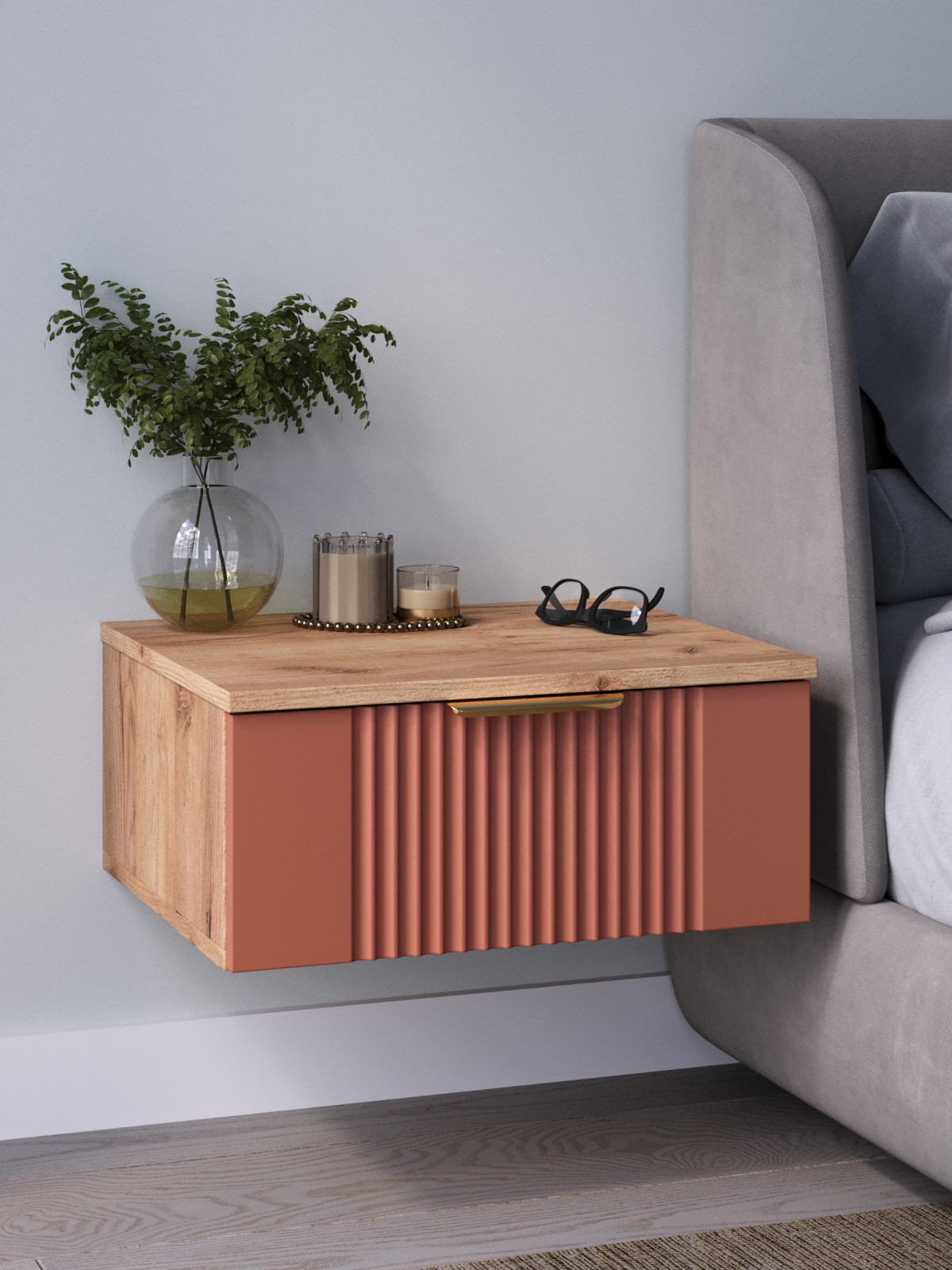 Современная тумба Ингрия Luxe 1 подвесная с фасадом терракотового оттенка и деревянной поверхностью