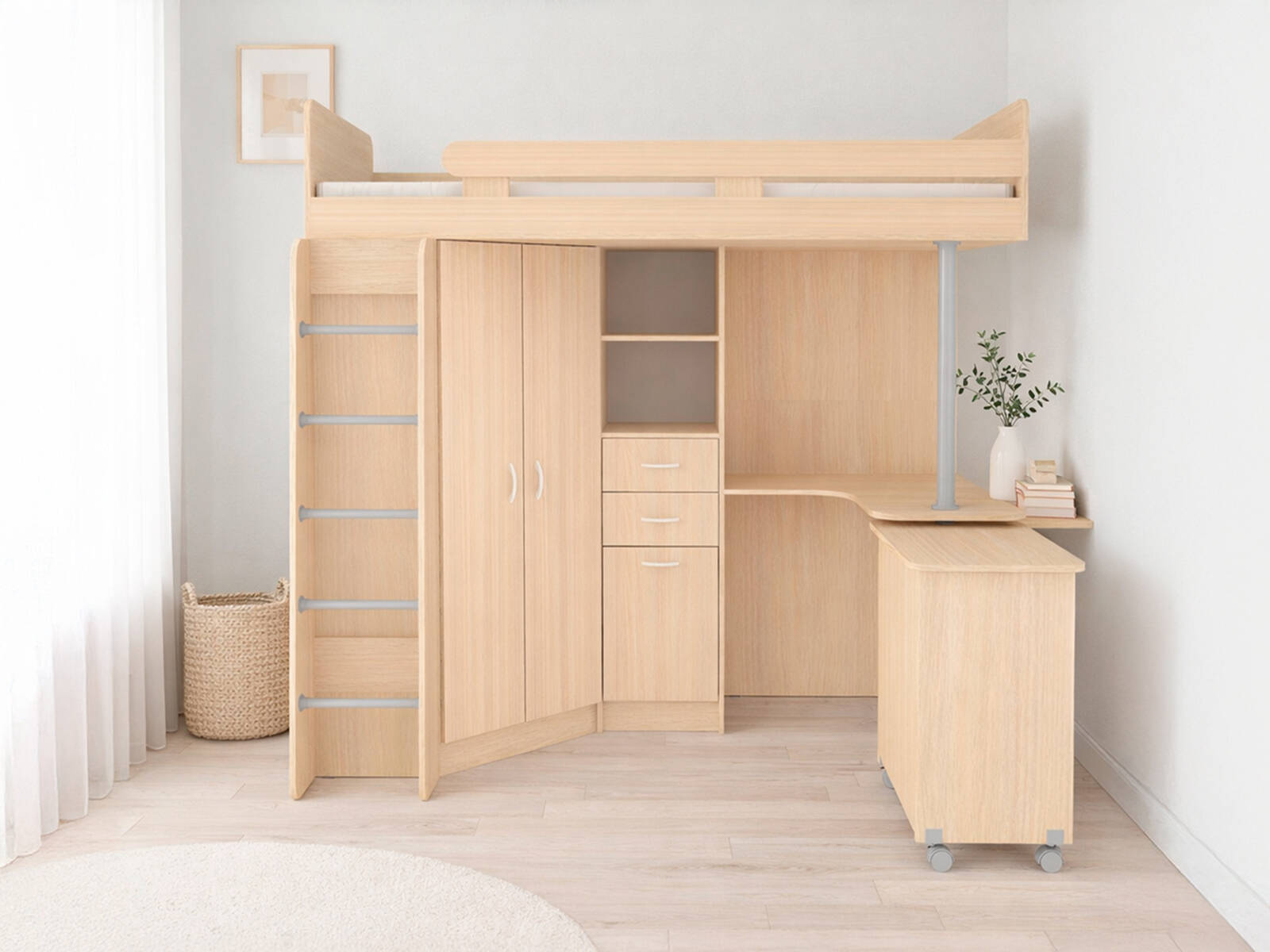 Кровать-чердак КарИВи Юниор 3 с металлической лестницей, Кровати-чердаки КарИВи, раздвижные, современный стиль, с полками, белый