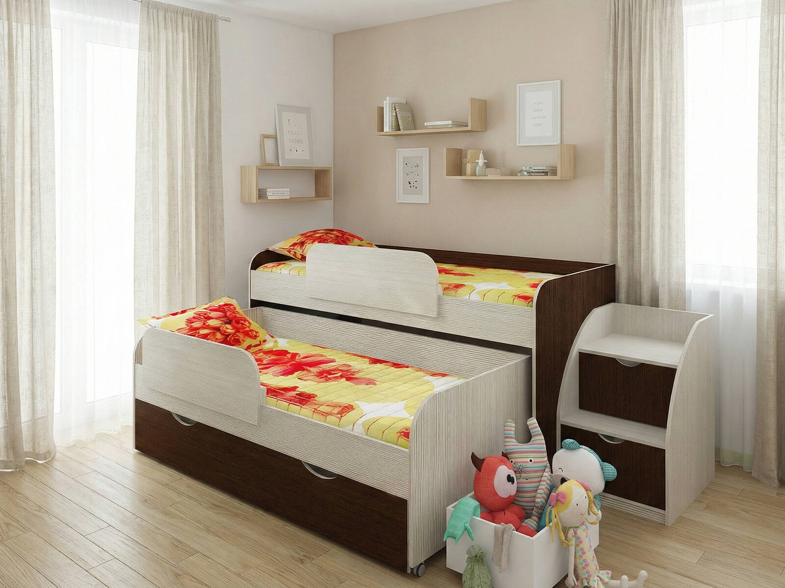 Кровать двухъярусная низкая Фанки Кидз 8, Детская мебель Фанки Кидз, современный стиль, с ящиками, белый