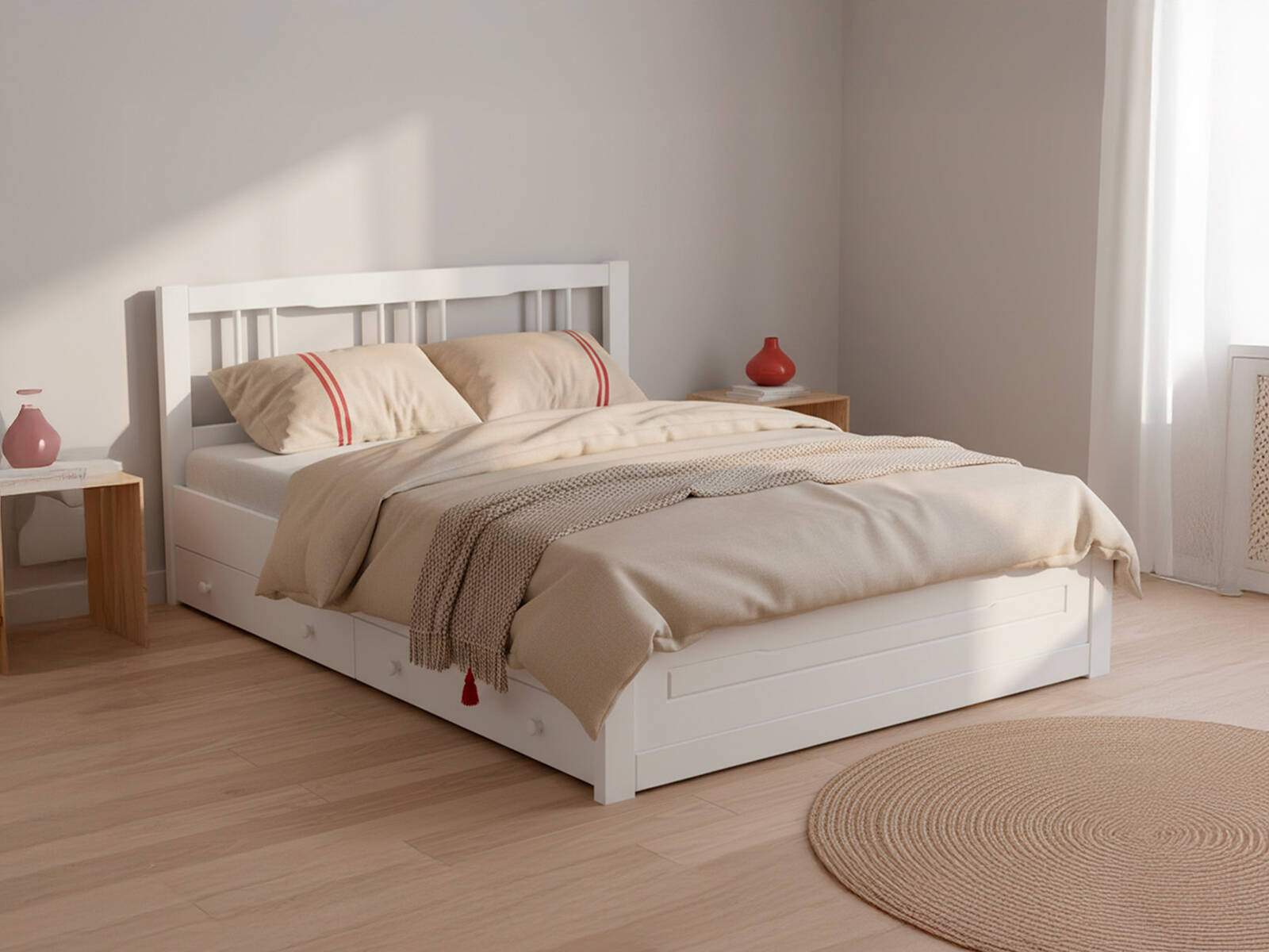 Белая деревянная кровать Амадина Велес-Арт с двумя ящиками в светлой спальне