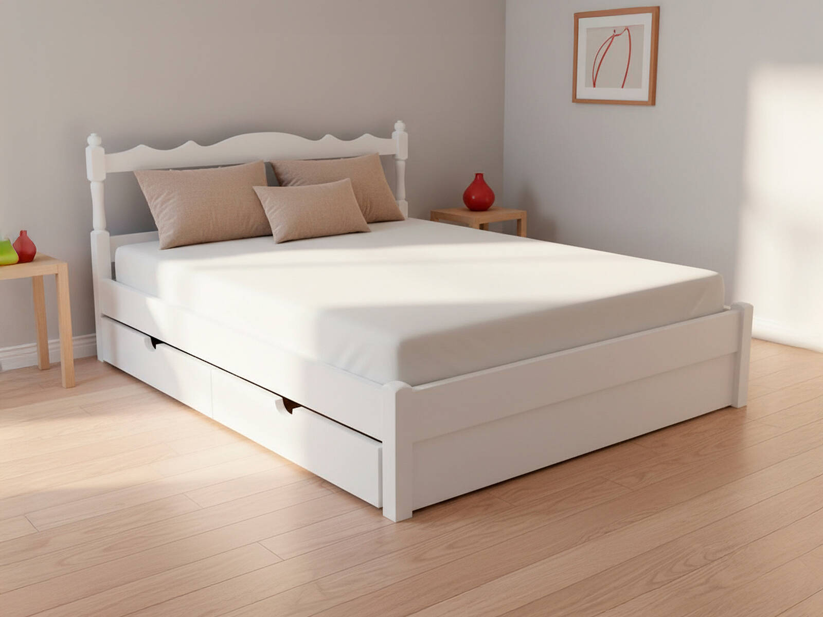 Белая кровать Ирен-1 Велес-Арт из массива с ящиками для хранения в интерьере спальни