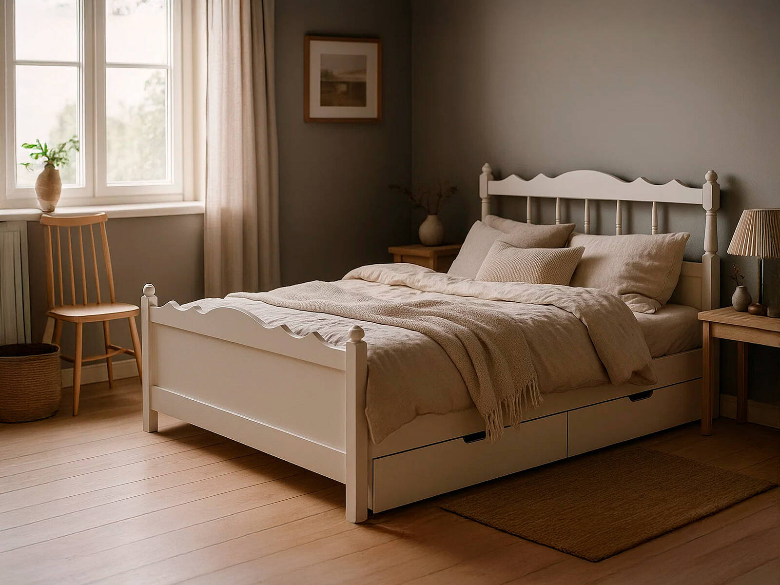 Белая кровать с ящиками Велес-Арт Ирен в уютном интерьере спальни с деревянной мебелью