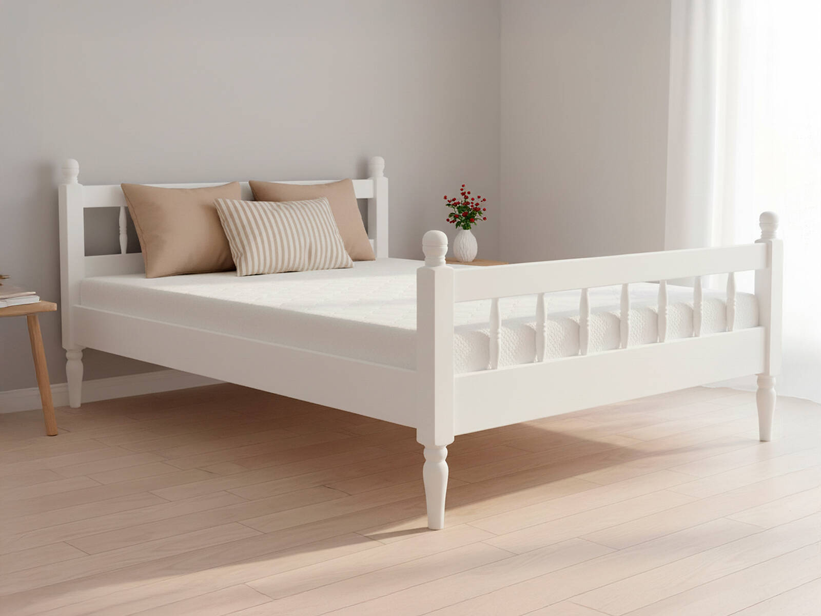 Белая кровать Велес-Арт Полина из массива с фигурными ножками в светлой спальне