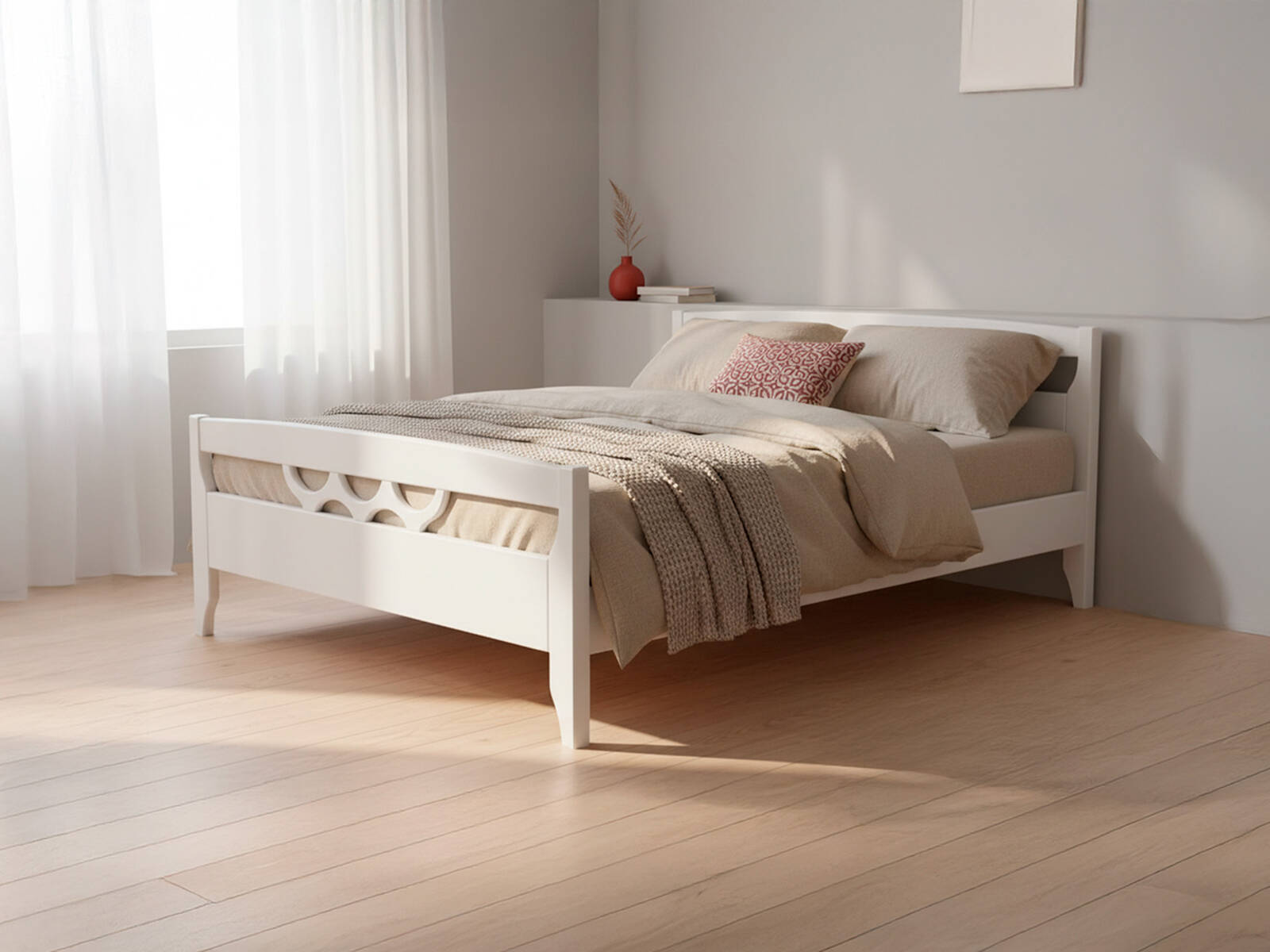 Белая кровать Полонез Велес-Арт в светлой спальне с минималистичным интерьером