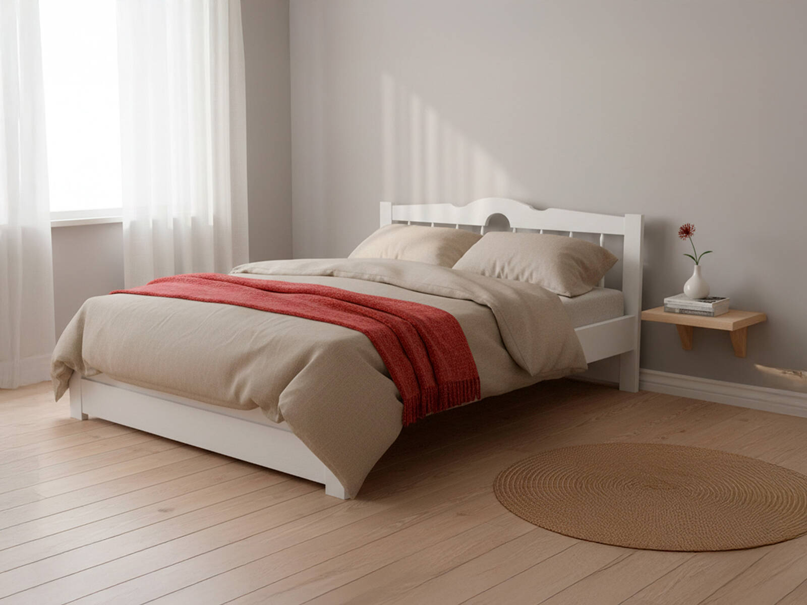 Белая кровать Велес-Арт Светлана в светлой спальне с текстильным декором