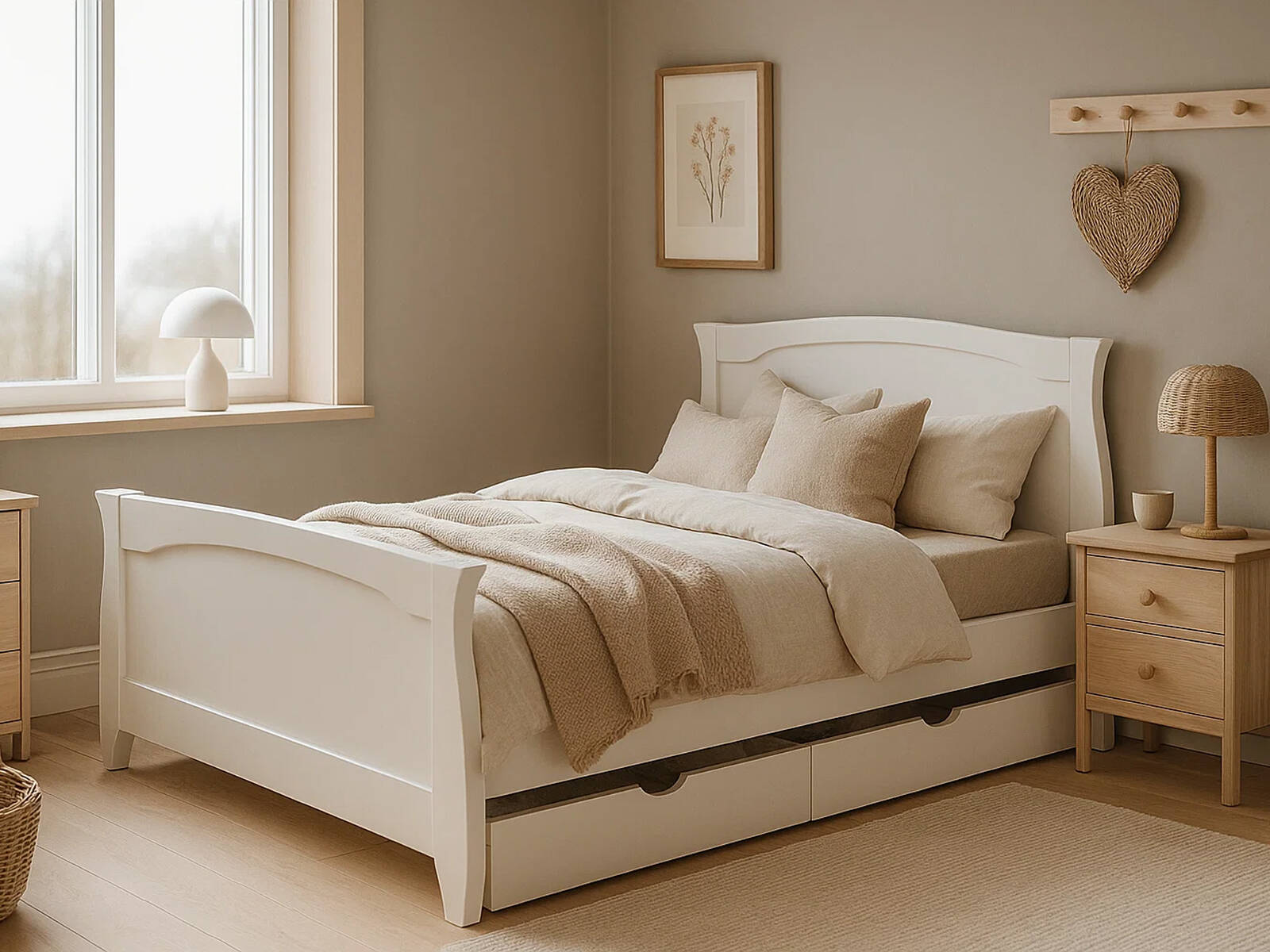 Белая кровать Велес-Арт Тамара с ящиками в светлом интерьере спальни