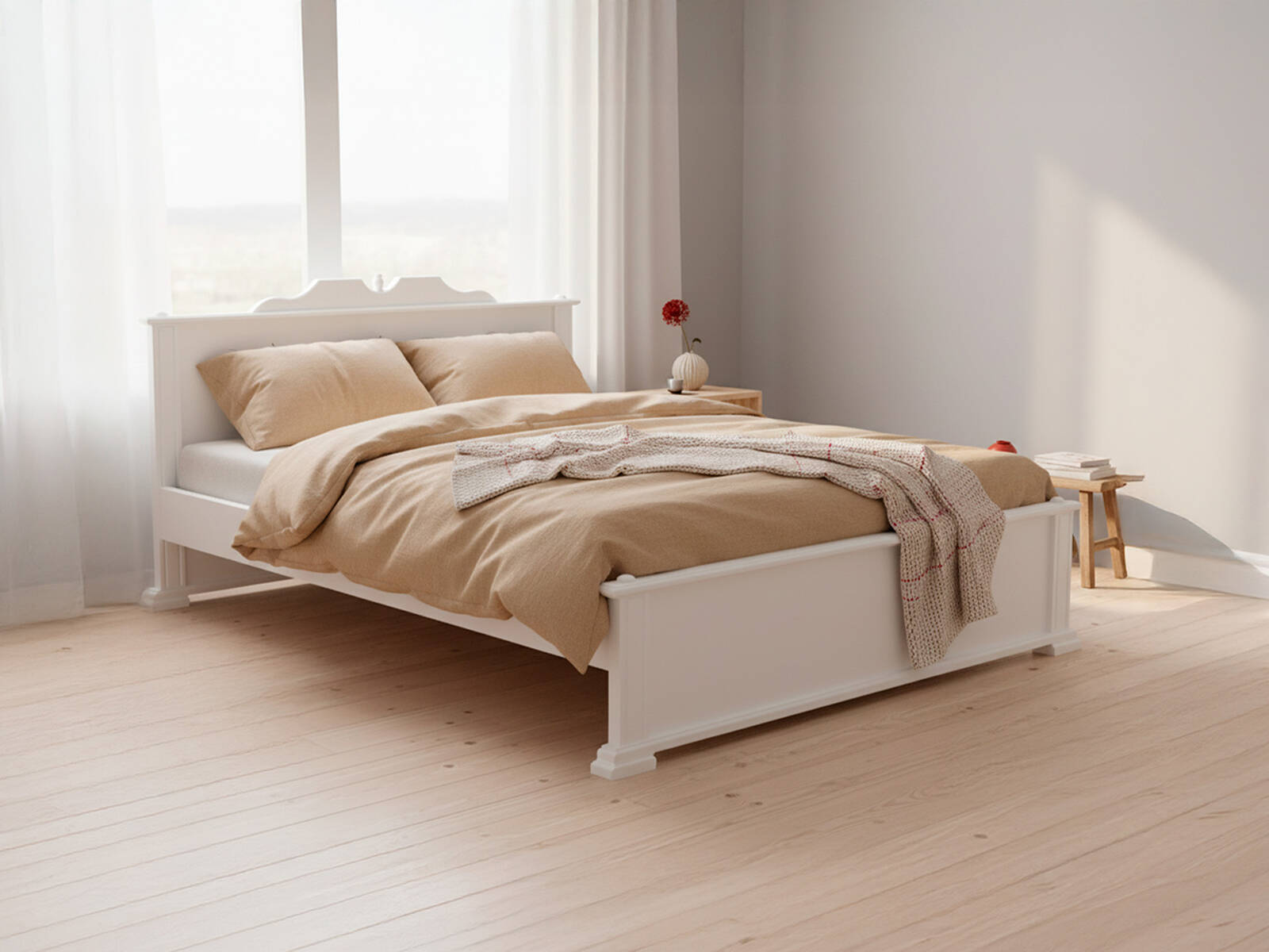 Белая кровать Велес-Арт Венера в светлой спальне, лаконичный дизайн, уютная атмосфера