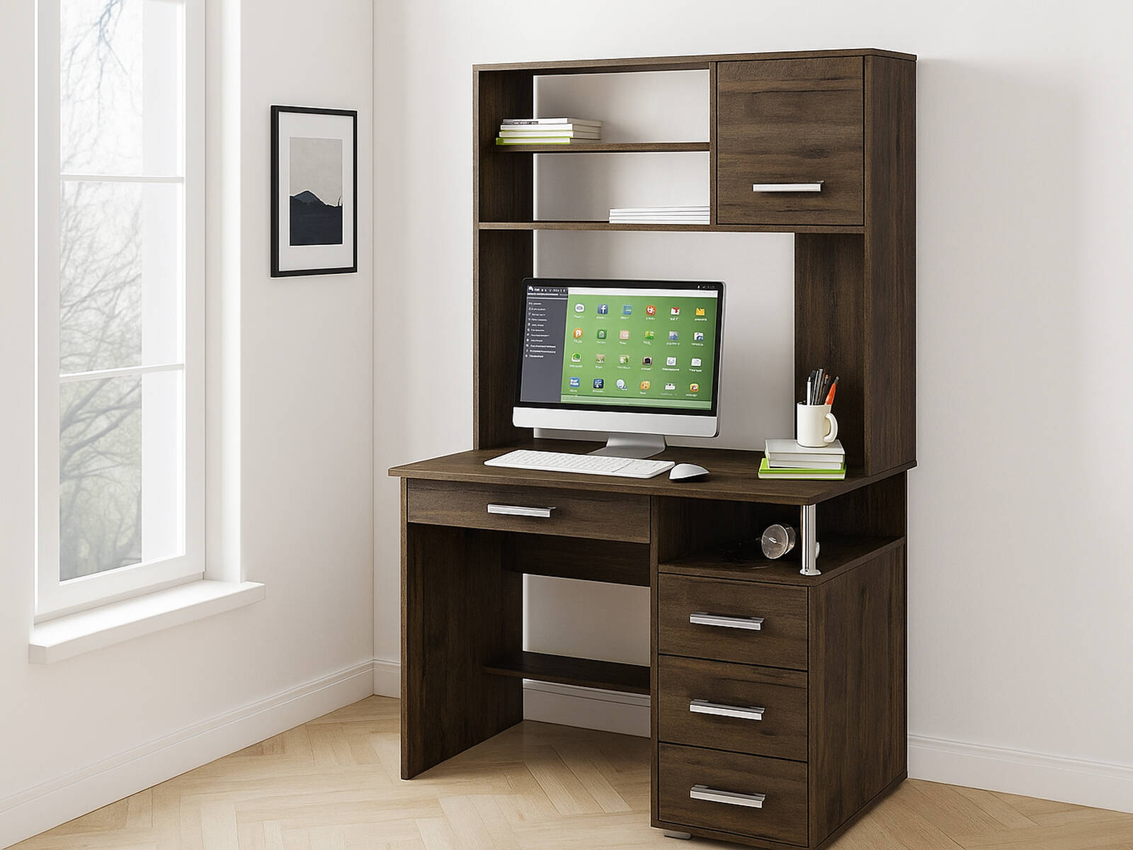 Стол ВМФ Амбер-15Я (КСАМ-15Я) компьютерный, Компьютерные столы ВМФ, современный стиль, с полками, с ящиками, белый