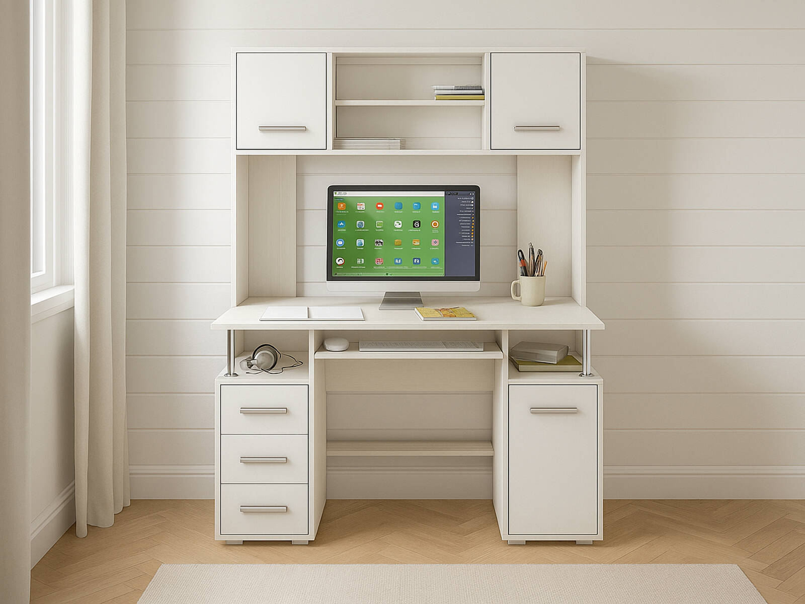 Стол ВМФ Амбер-19К компьютерный, Компьютерные столы ВМФ, современный стиль, с полками, с ящиками, белый