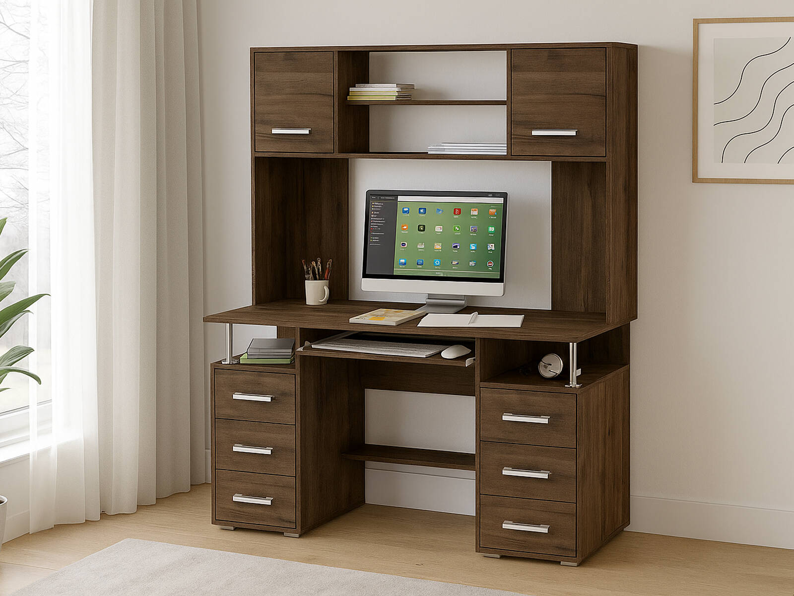 Стол ВМФ Амбер-20К компьютерный, Компьютерные столы ВМФ, современный стиль, с полками, с ящиками, белый