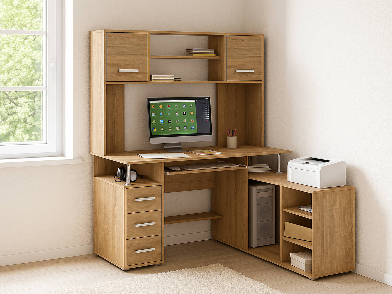 Стол ВМФ Амбер-24К компьютерный, Компьютерные столы ВМФ, современный стиль, с полками, с ящиками, белый