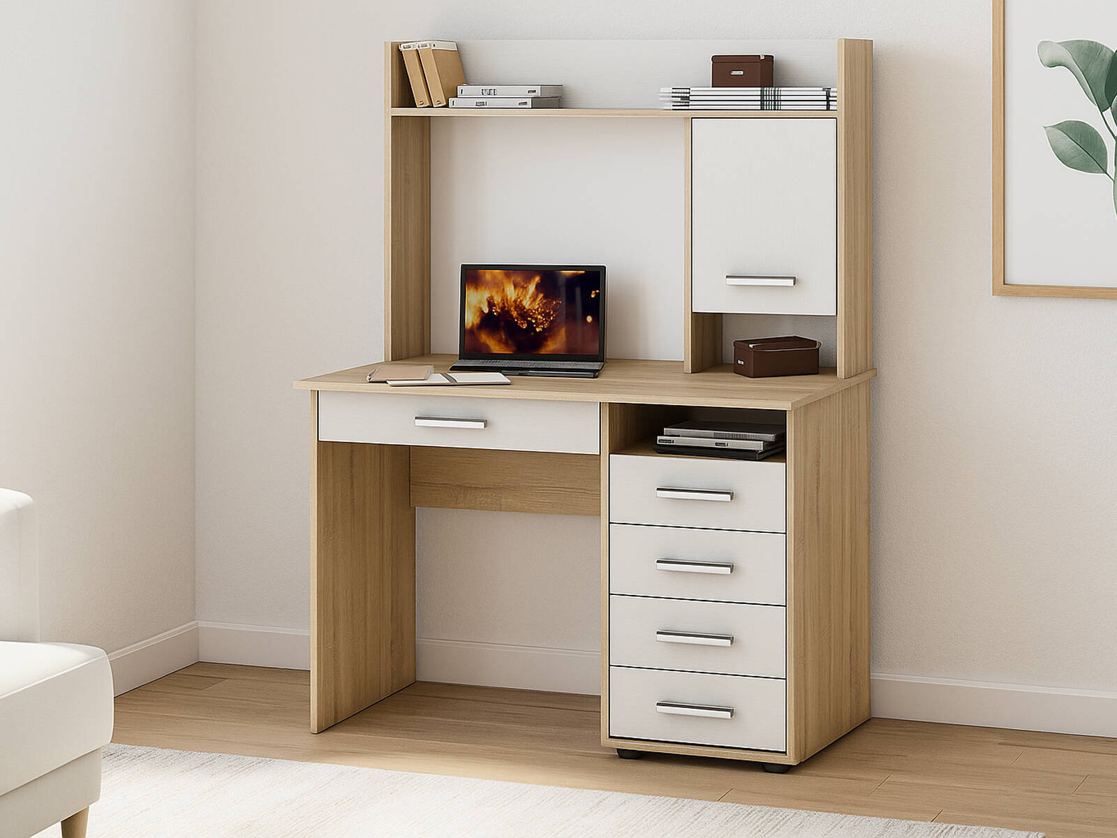 Стол ВМФ Остин-11Я письменный, Столы письменные ВМФ, современный стиль, с полками, с ящиками, белый