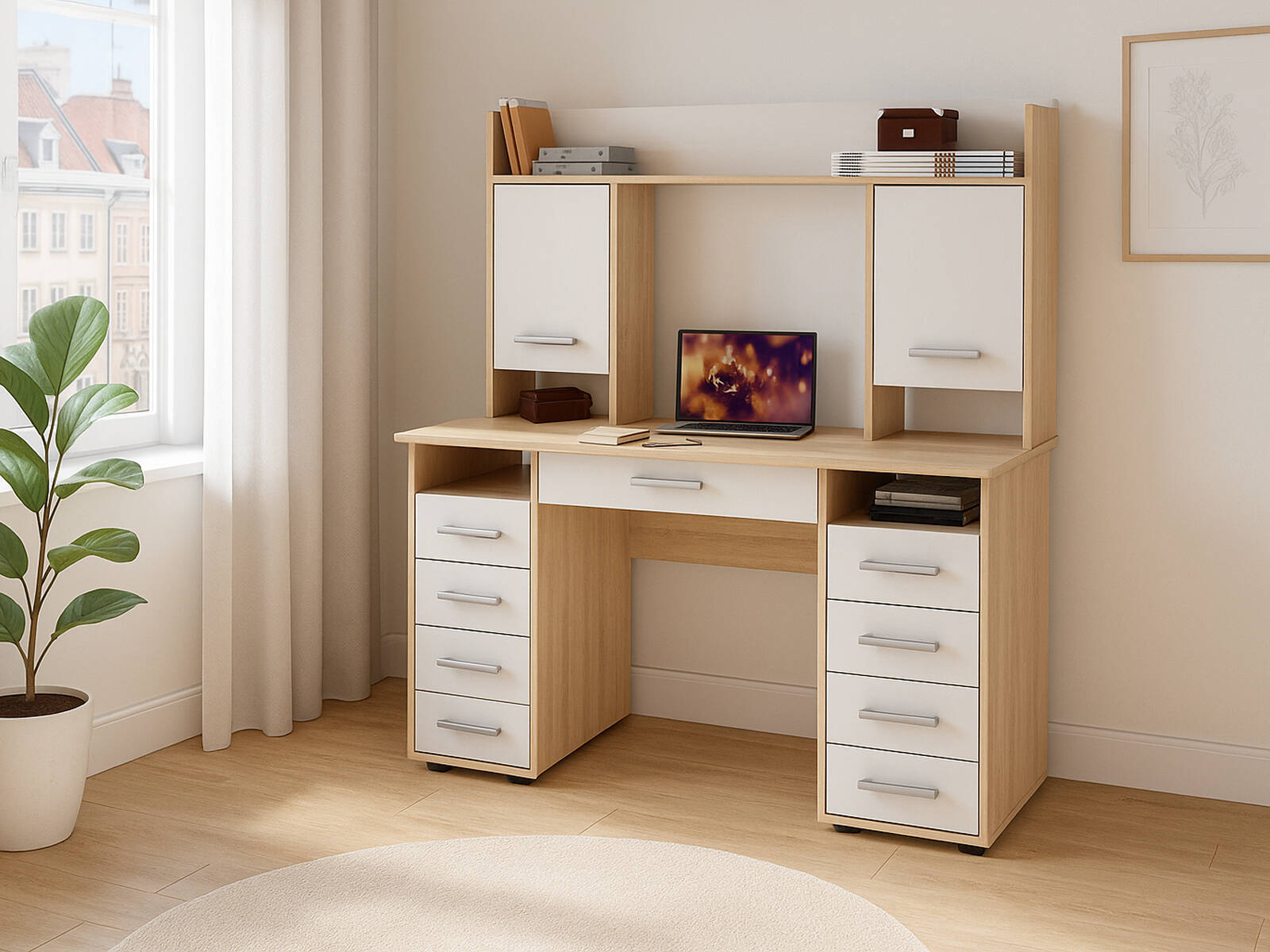 Стол ВМФ Остин-14Я письменный, Столы письменные ВМФ, современный стиль, с полками, с ящиками, белый