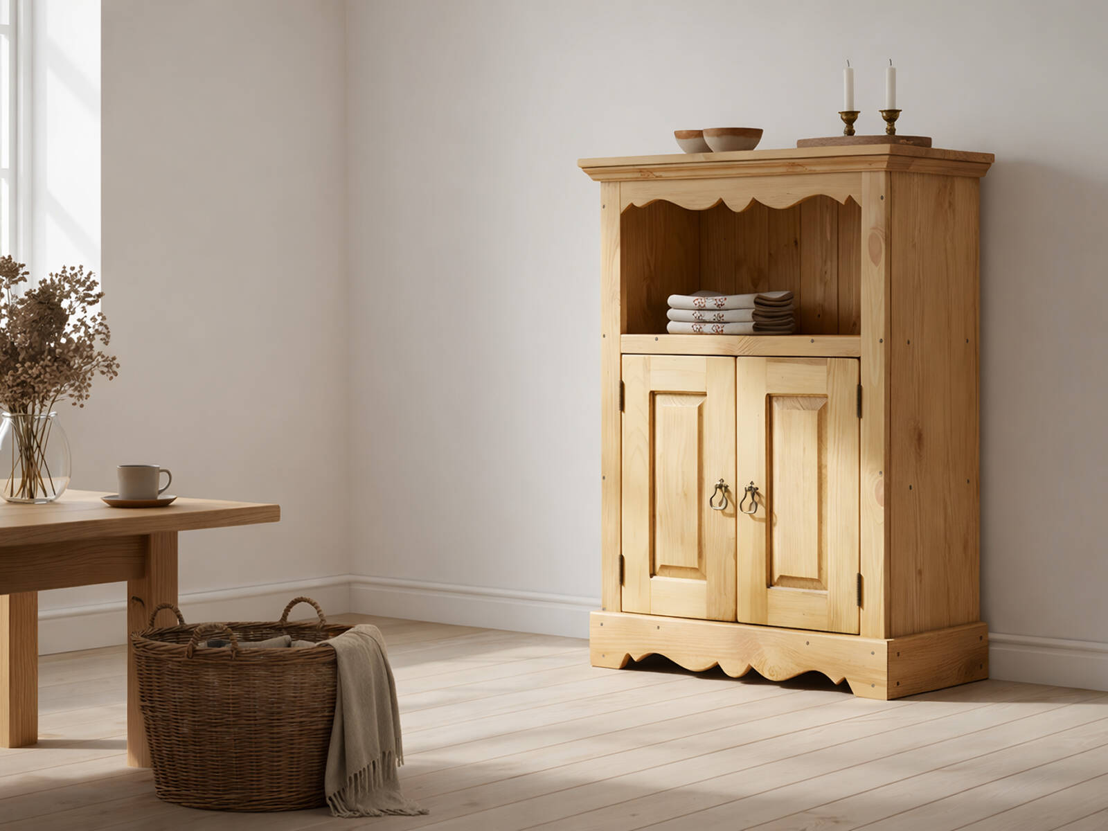 Деревянная тумба Монта 84 в интерьере, сочетание с натуральным декором и светлым полом