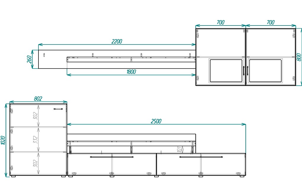 Схема расстановки модулей гостиной Fiesta Ноктюрн 9 с размерами секций