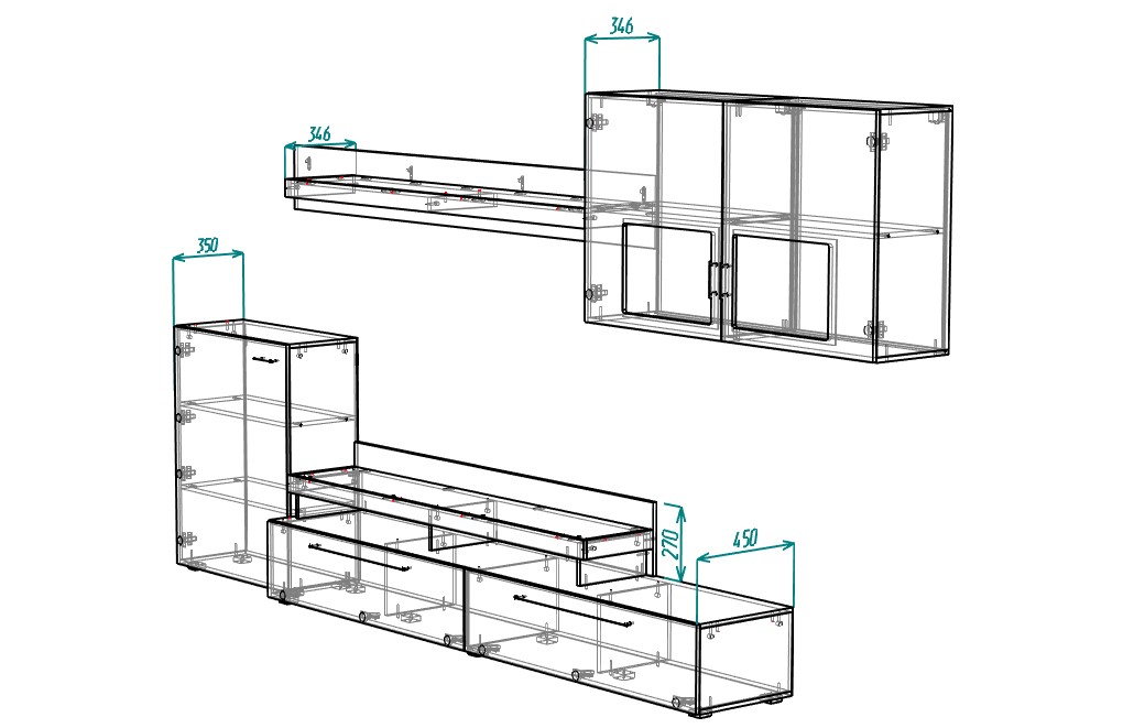 3D-схема Fiesta Ноктюрн 9 с прозрачными корпусами и видимыми внутренними полками