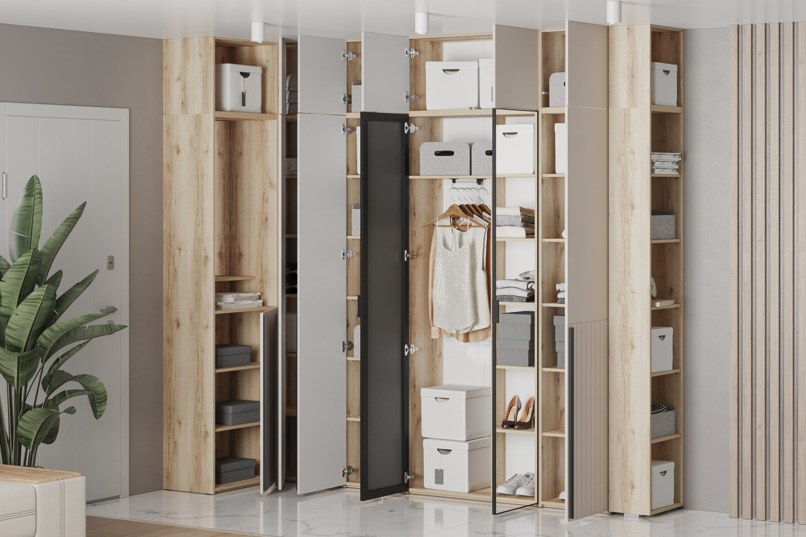 Прихожая Арден комплектация 3 (200.08 + 200.17 + 200.05 700 левый + 200.14 700 + 200.01 ПВХ левый + 200.10 + 200.03 зеркало + 200.12 + 200.01 ПВХ правый + 200.10 + 200.09 400 + 200.18 400)