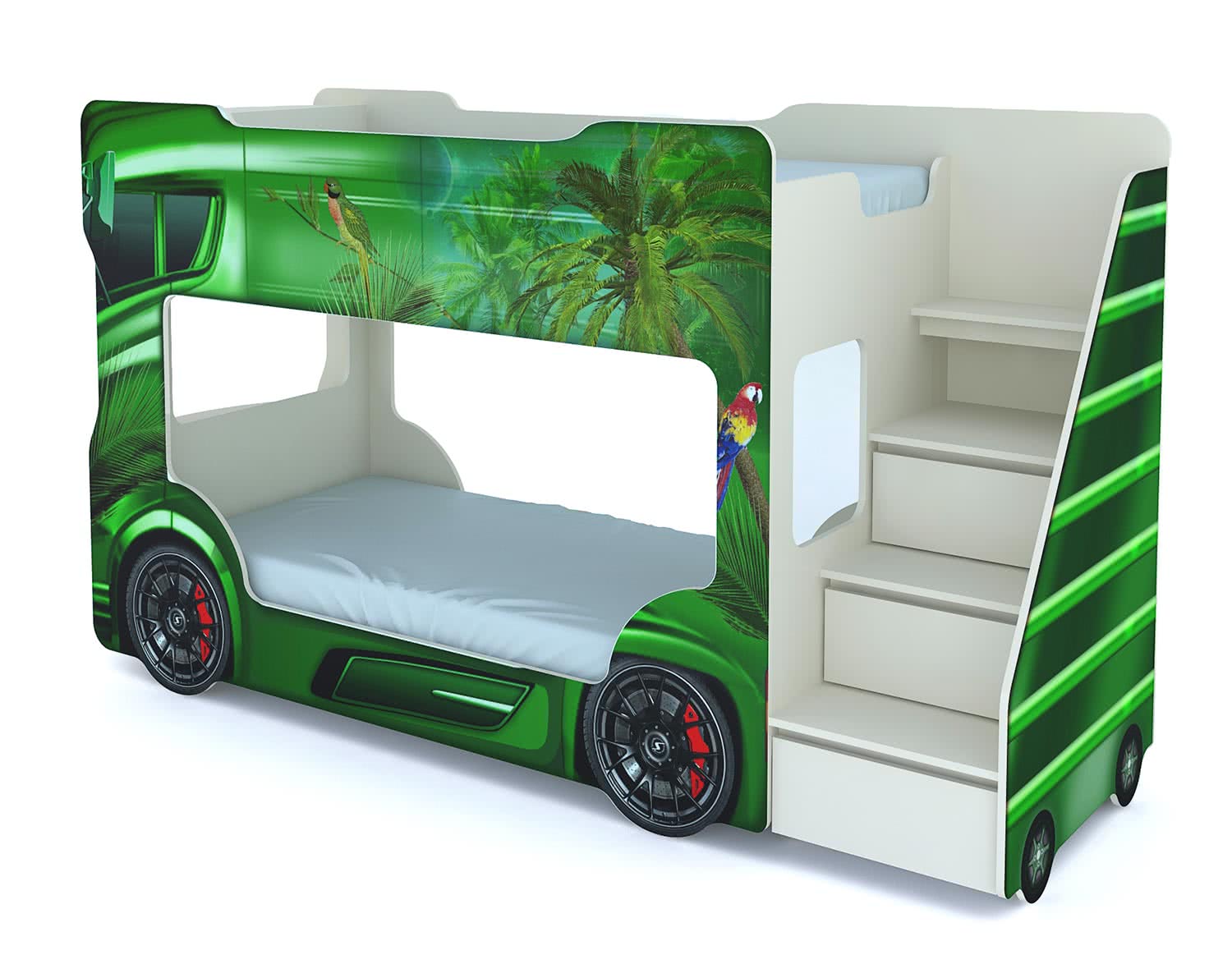 Кровать-машинка двухъярусная Автобус с матрасами Бетти лайт