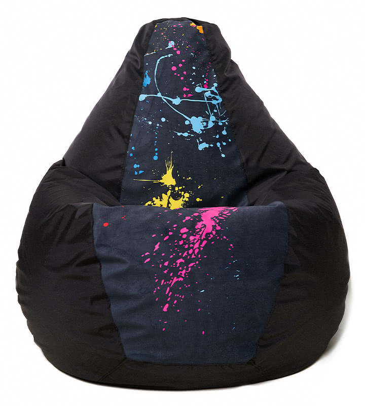 Кресло мешок Relaxline Груша в чёрном оксфорде с принтом XL